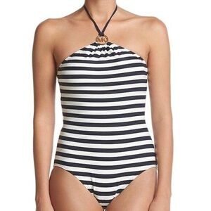Michael Kors Striped Halter One Piece Swimsuit Women’s 8 Gold Metal Logo